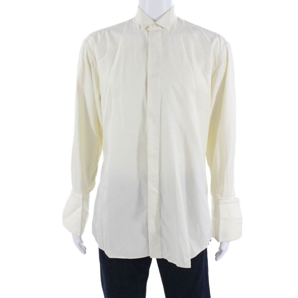 Victor Talbots Mens Band Collar Striped Shirt Beige Long Sleeve Cotton Size L